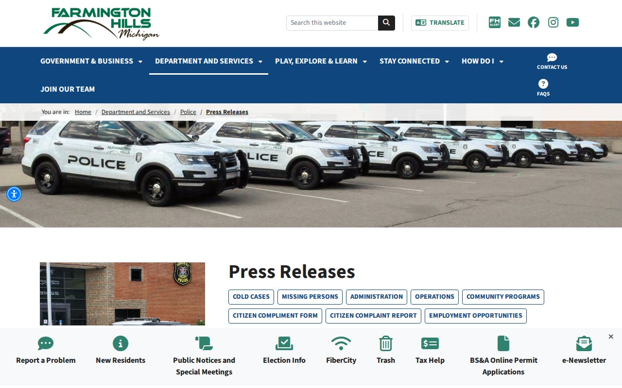 Farmington Hills Police press-release source for Oakland County arrest records