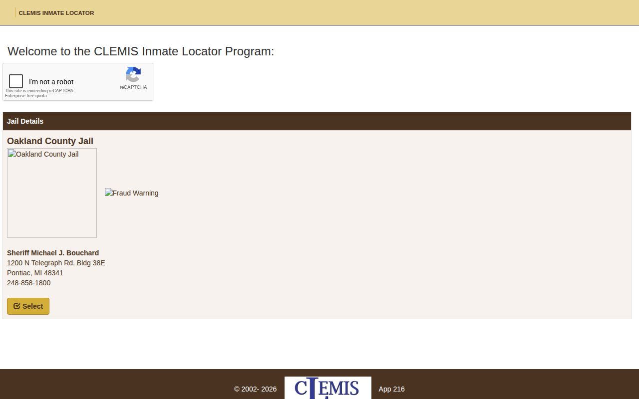 Oakland County Jail CLEMIS booking-record locator entry screen