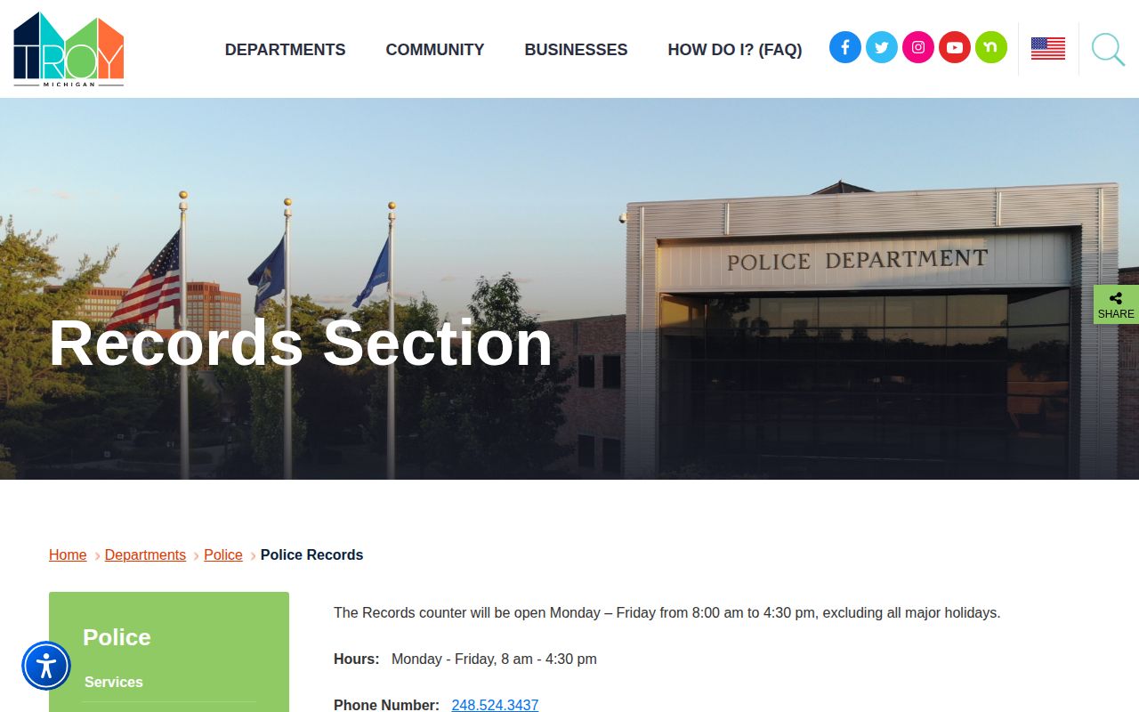 Troy Police Records page for Oakland County arrest-record requests